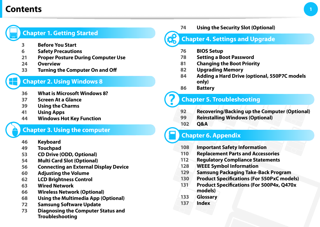 Samsung NP550P7C-T01US manual Contents 