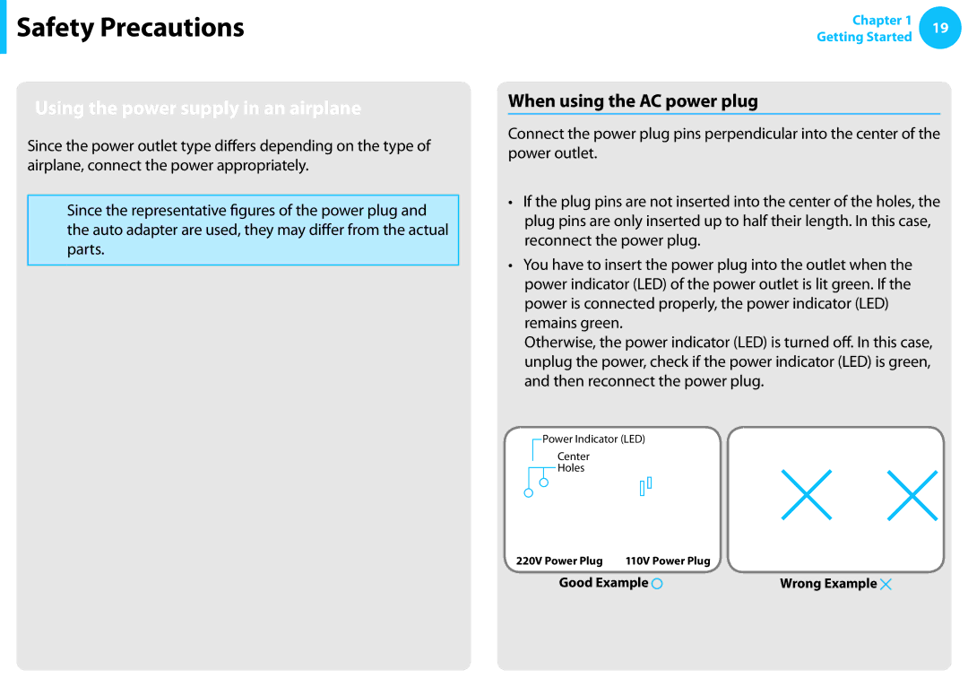 Samsung NP550P7C-T01US manual Using the power supply in an airplane, When using the AC power plug 