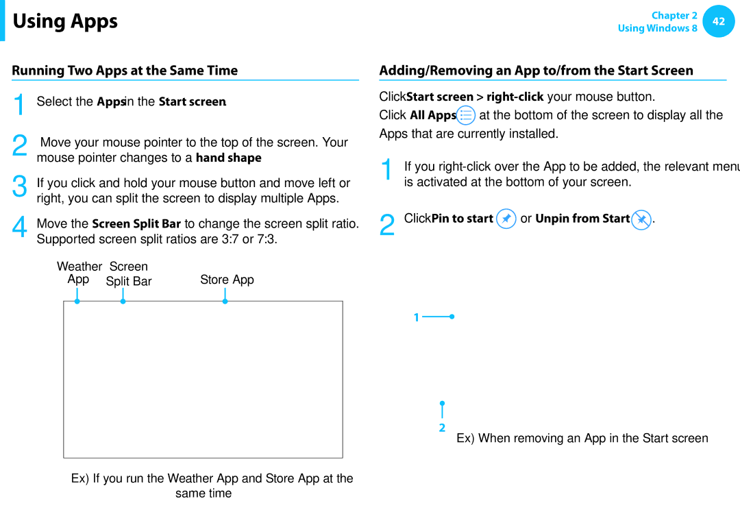 Samsung NP550P7C-T01US manual Running Two Apps at the Same Time, Adding/Removing an App to/from the Start Screen 