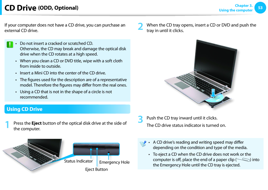 Samsung NP550P7C-T01US manual Using CD Drive, To eject a CD when the CD drive does not work or 