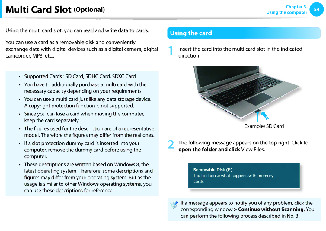 Samsung NP550P7C-T01US manual Multi Card Slot Optional, Using the card 