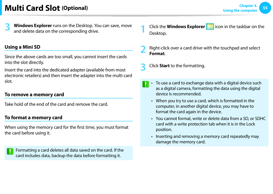 Samsung NP550P7C-T01US manual Using a Mini SD, To remove a memory card, To format a memory card, Click the Windows Explorer 