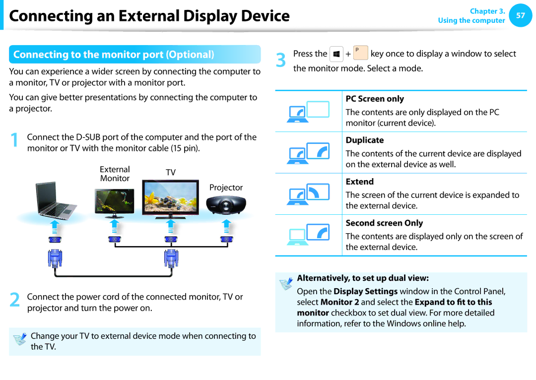 Samsung NP550P7C-T01US manual Connecting to the monitor port Optional 