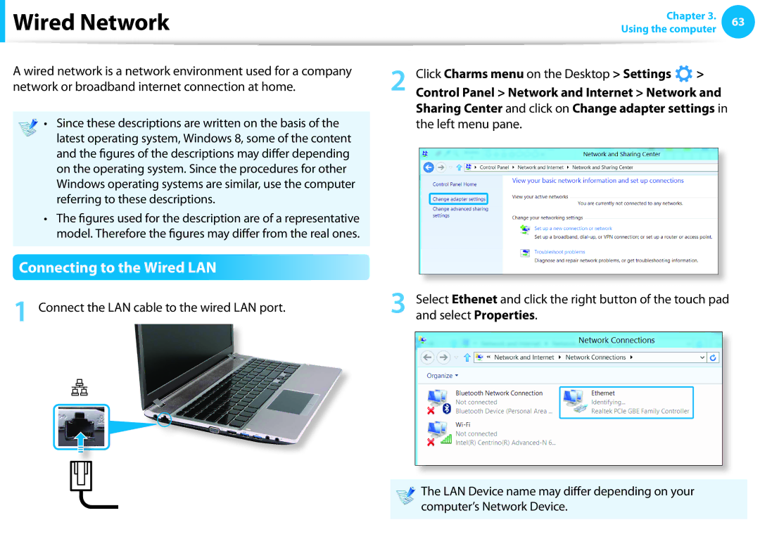 Samsung NP550P7C-T01US manual Wired Network, Connecting to the Wired LAN, Connect the LAN cable to the wired LAN port 