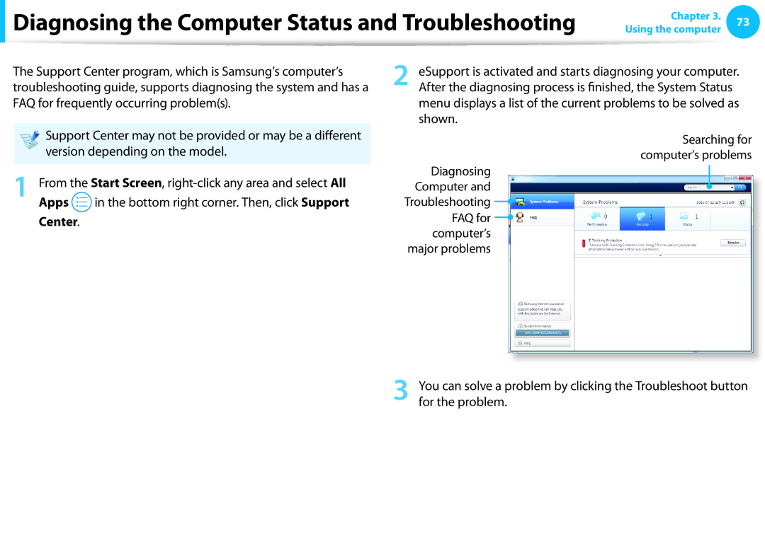 Samsung NP550P7C-T01US manual Diagnosing the Computer Status and Troubleshooting, Center 