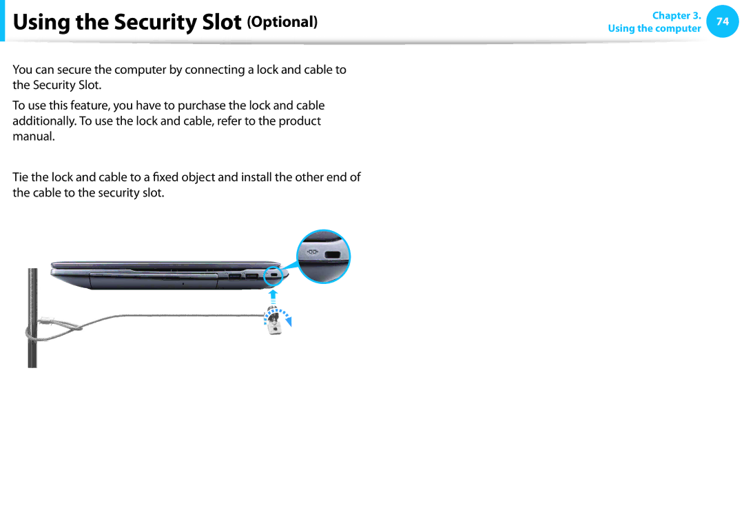 Samsung NP550P7C-T01US manual Using the Security Slot Optional 