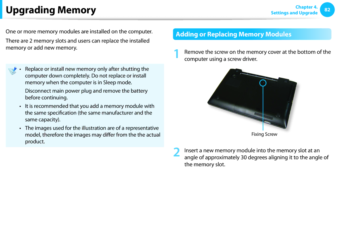 Samsung NP550P7C-T01US manual Upgrading Memory, Adding or Replacing Memory Modules 