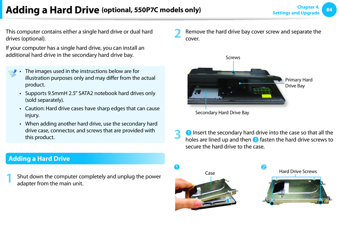 Samsung NP550P7C-T01US manual Adding a Hard Drive, Shut down the computer completely and unplug the power 