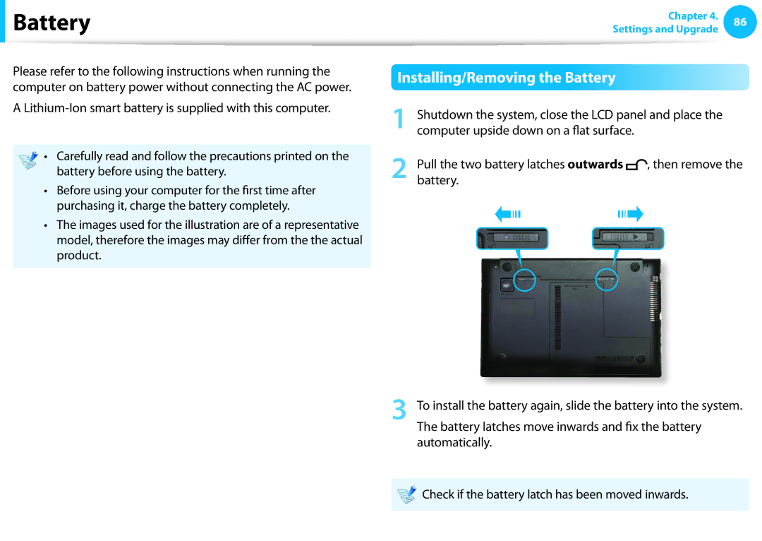 Samsung NP550P7C-T01US manual Installing/Removing the Battery, Battery latches move inwards and fix the battery 