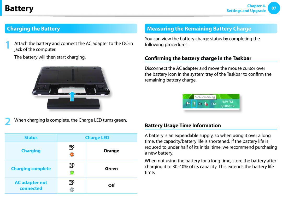 Samsung NP550P7C-T01US manual Charging the Battery, Measuring the Remaining Battery Charge, Battery Usage Time Information 