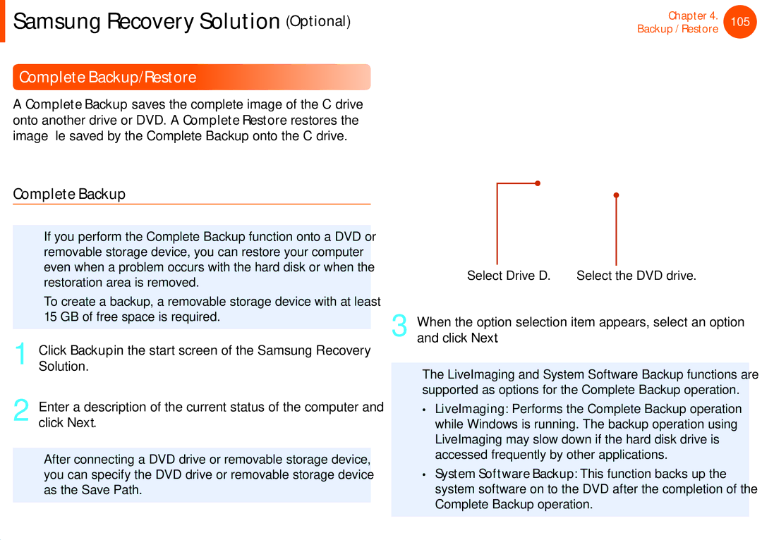 Samsung NP600B4CA01US appendix Complete Backup/Restore, Restoration area is removed 