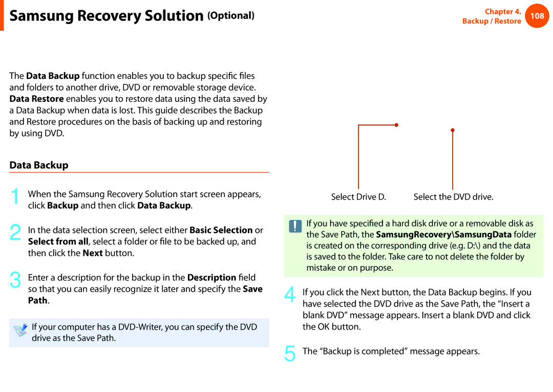 Samsung NP600B4CA01US appendix Data Backup/Restore, Click Backup and then click Data Backup 