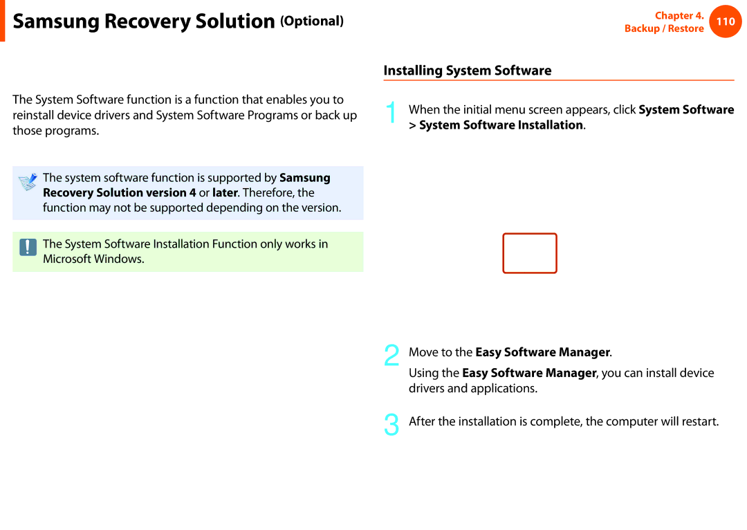 Samsung NP600B4CA01US appendix System Software Function, Installing System Software, System Software Installation 