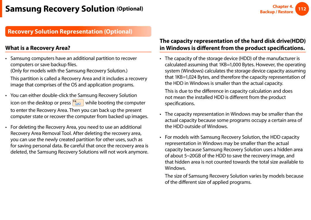 Samsung NP600B4CA01US appendix Recovery Solution Representation Optional, What is a Recovery Area? 