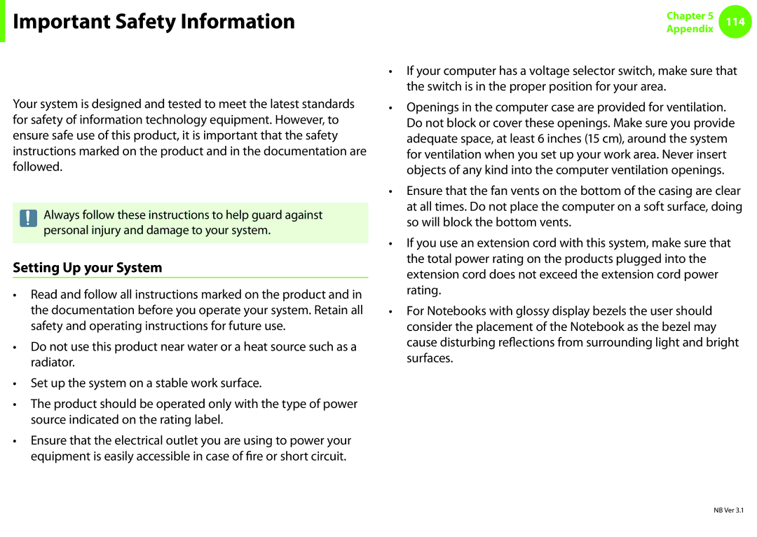 Samsung NP600B4CA01US appendix Important Safety Information, Safety Instructions, Setting Up your System 