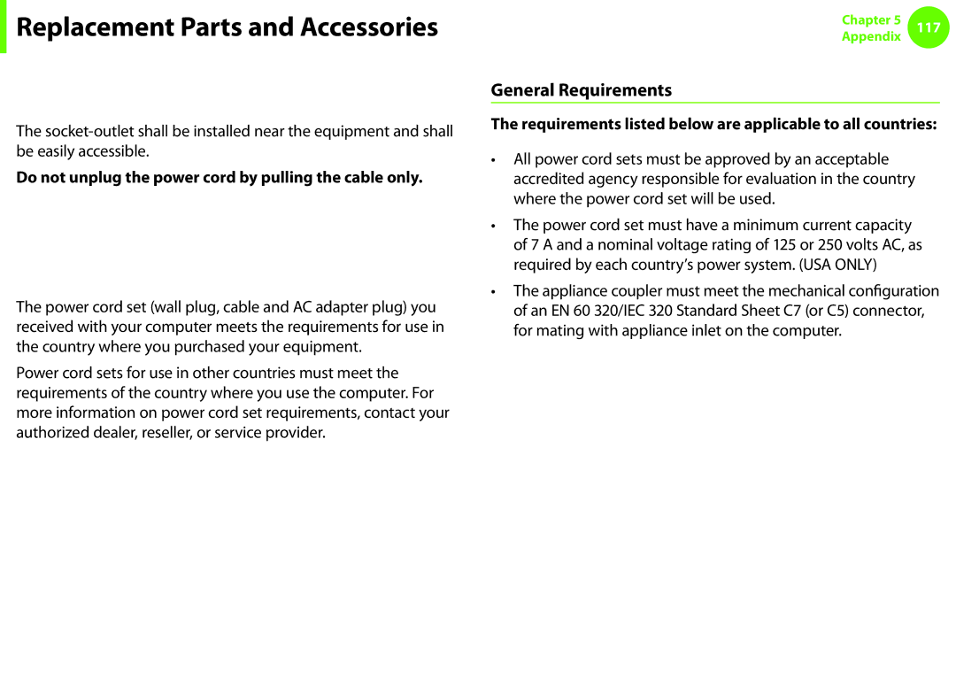 Samsung NP600B4CA01US appendix Connect and Disconnect the AC adapter, Power Cord Requirements, General Requirements 