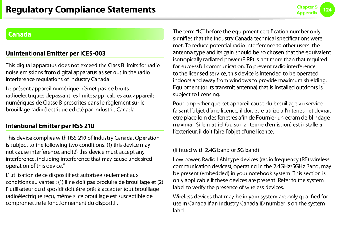 Samsung NP600B4CA01US appendix Canada, Unintentional Emitter per ICES-003, Intentional Emitter per RSS 
