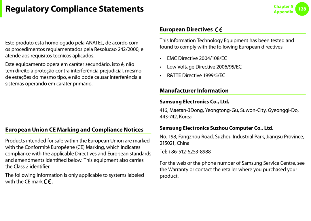 Samsung NP600B4CA01US appendix Brazil, European Union CE Marking and Compliance Notices, European Directives 