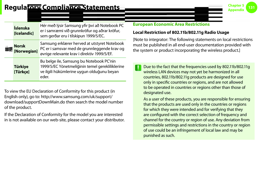 Samsung NP600B4CA01US appendix Íslenska, Icelandic, Sem gerðar eru í tilskipun 1999/5/EC, Norsk, Norwegian, Türkiye 