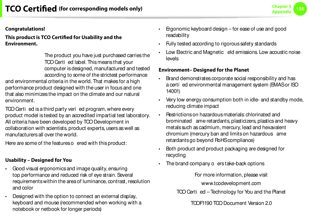 Samsung NP600B4CA01US appendix TCO Certified for corresponding models only, Usability Designed for You 