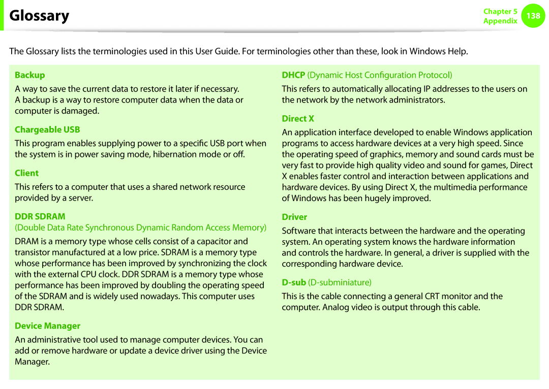 Samsung NP600B4CA01US appendix Glossary, Backup 