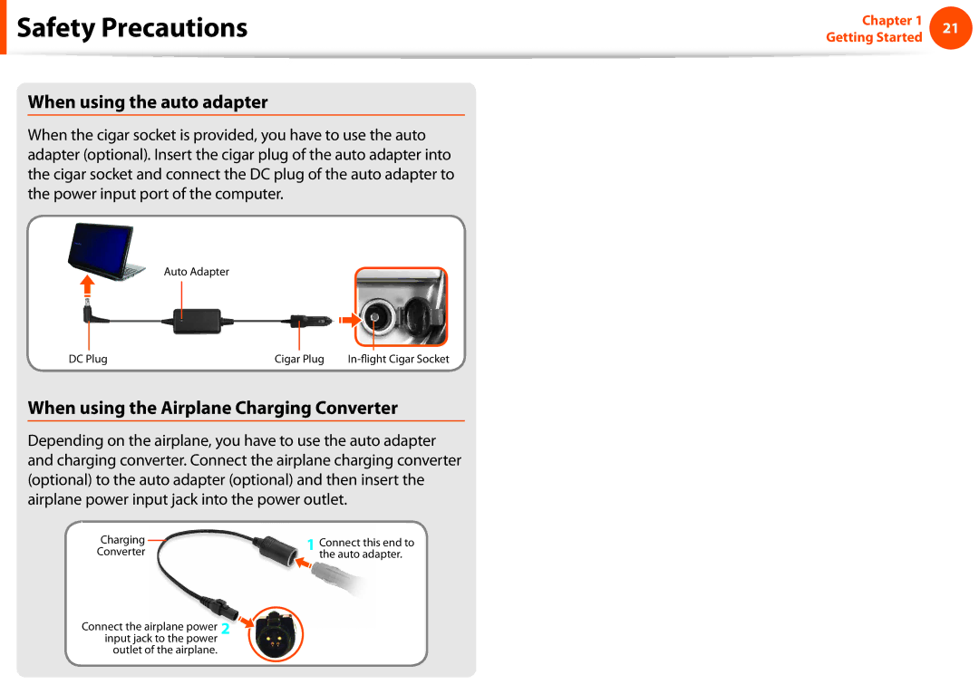 Samsung NP600B4CA01US appendix When using the auto adapter, When using the Airplane Charging Converter 