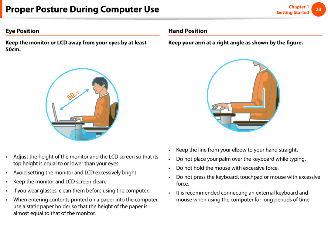 Samsung NP600B4CA01US appendix Eye Position, Hand Position, Keep your arm at a right angle as shown by the figure 