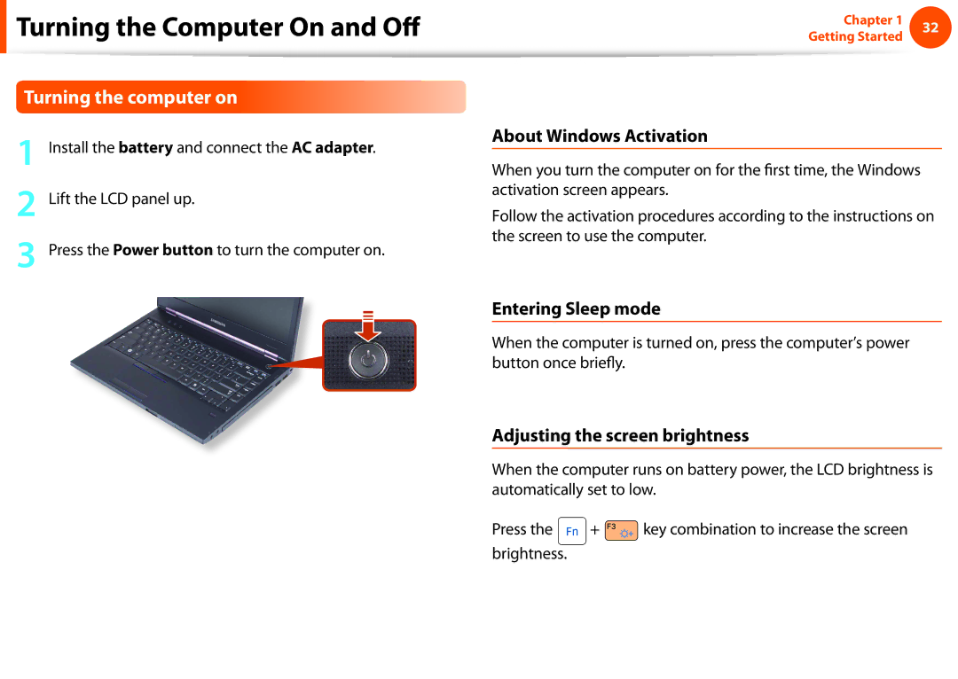 Samsung NP600B4CA01US appendix Turning the Computer On and Off, Turning the computer on, About Windows Activation 
