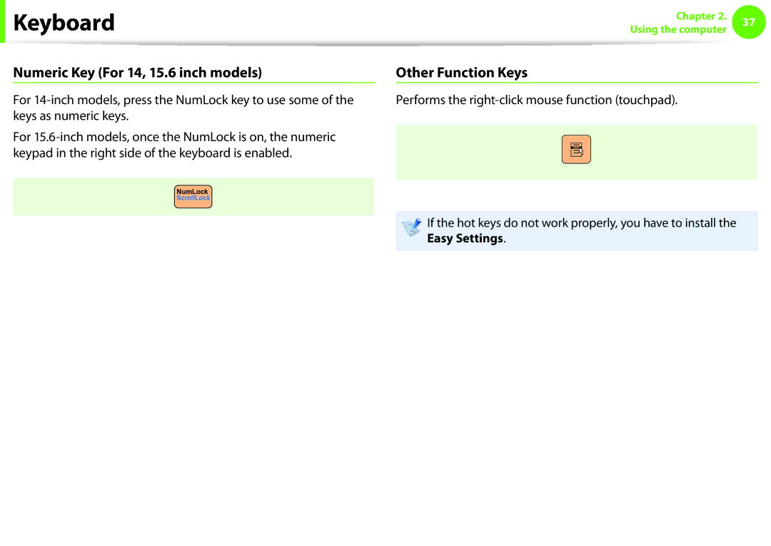 Samsung NP600B4CA01US appendix Numeric Key For 14, 15.6 inch models, Other Function Keys 