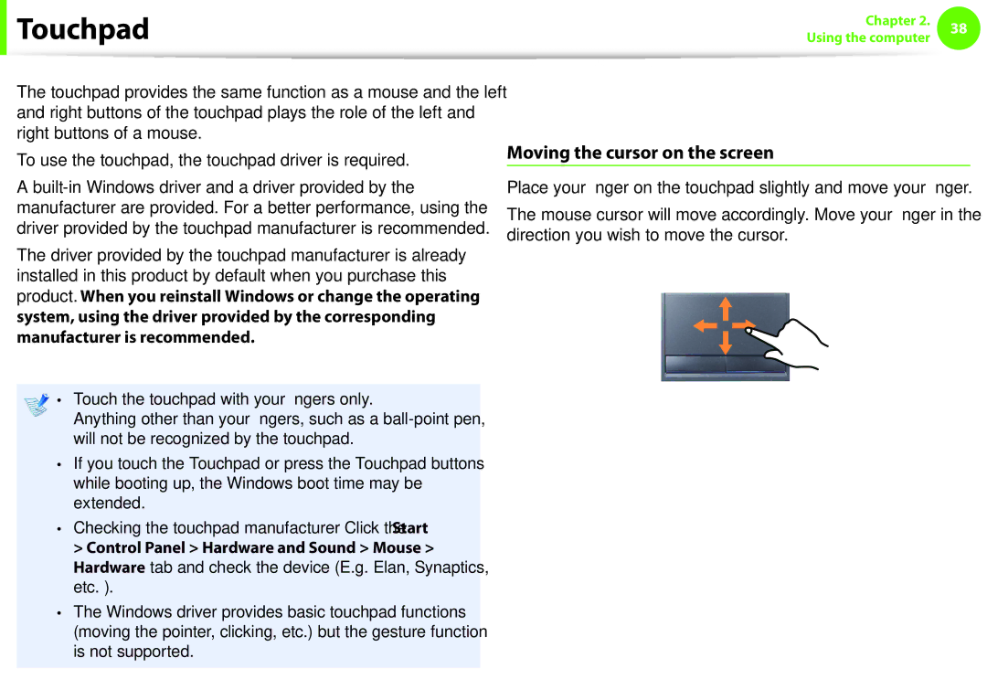 Samsung NP600B4CA01US appendix Basic Touchpad Functions, Moving the cursor on the screen 