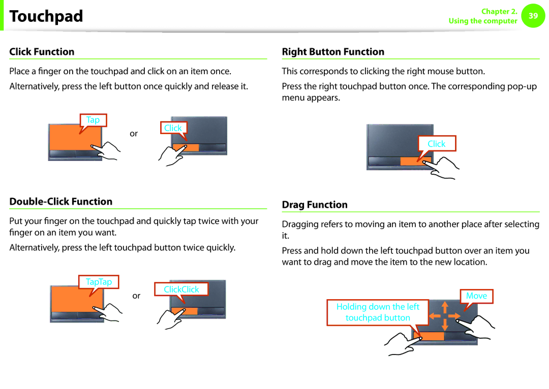 Samsung NP600B4CA01US appendix Right Button Function, Double-Click Function, Drag Function 