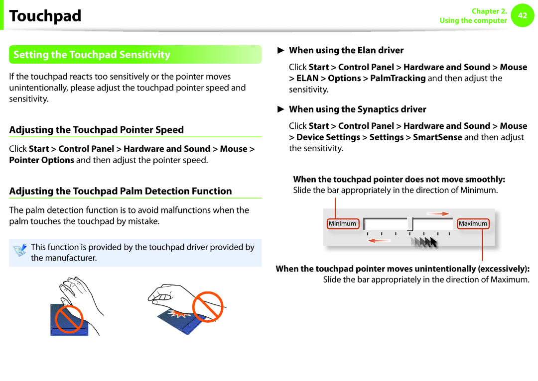 Samsung NP600B4CA01US appendix Setting the Touchpad Sensitivity, Adjusting the Touchpad Pointer Speed 