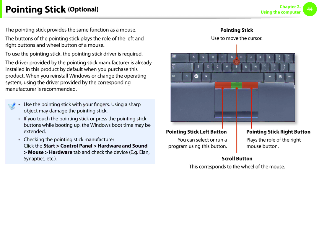 Samsung NP600B4CA01US appendix Pointing Stick Optional, Pointing Stick Right Button, Scroll Button 