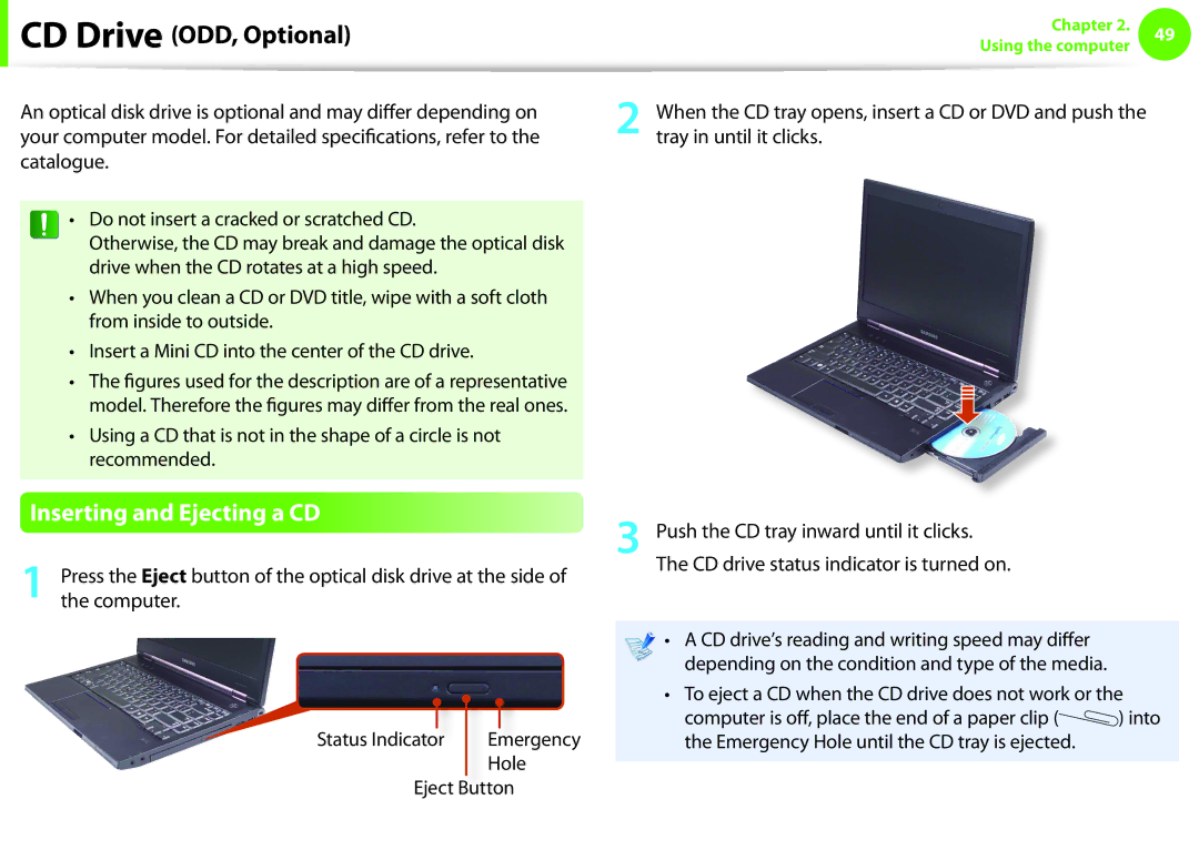 Samsung NP600B4CA01US appendix Inserting and Ejecting a CD, Hole, To eject a CD when the CD drive does not work or 