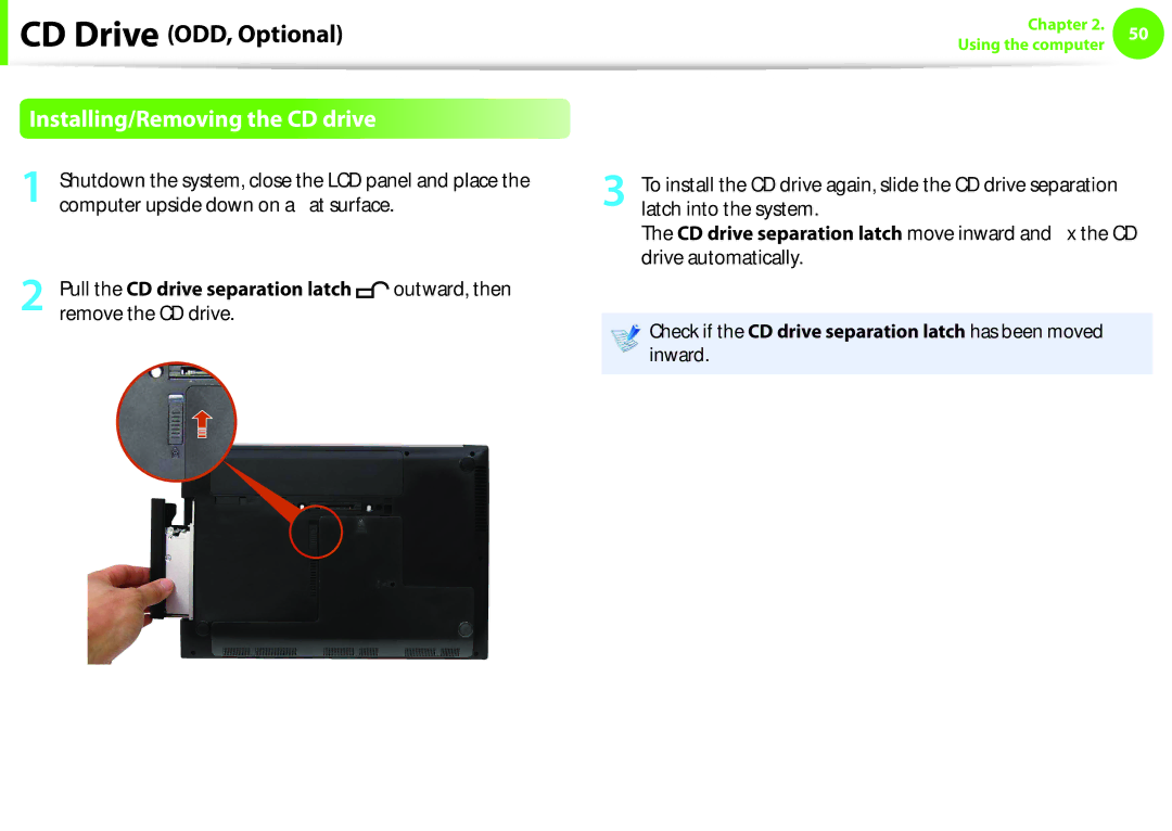 Samsung NP600B4CA01US appendix Installing/Removing the CD drive, Pull the CD drive separation latch, Outward, then 