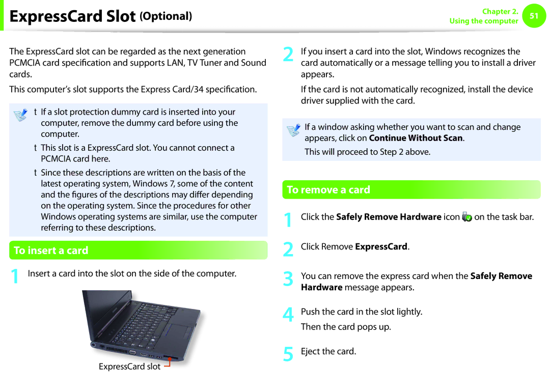 Samsung NP600B4CA01US appendix ExpressCard Slot Optional, To insert a card, To remove a card 