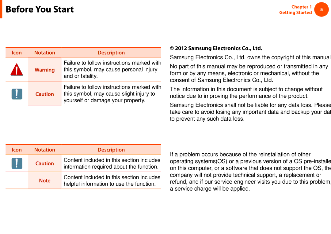 Samsung NP600B4CA01US Safety Precaution Notations, Text Notations, Copyright, Precautions for Operating System Support 