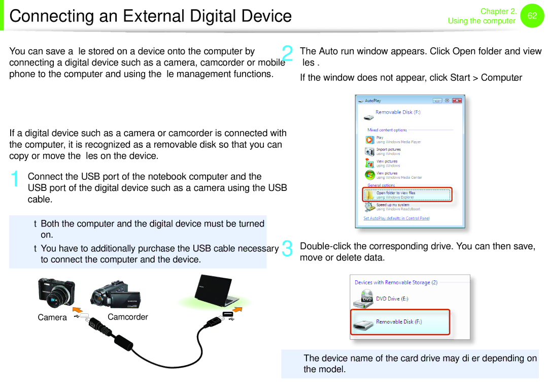 Samsung NP600B4CA01US appendix Connecting and using a camera or camcorder, Cable, To connect the computer and the device 