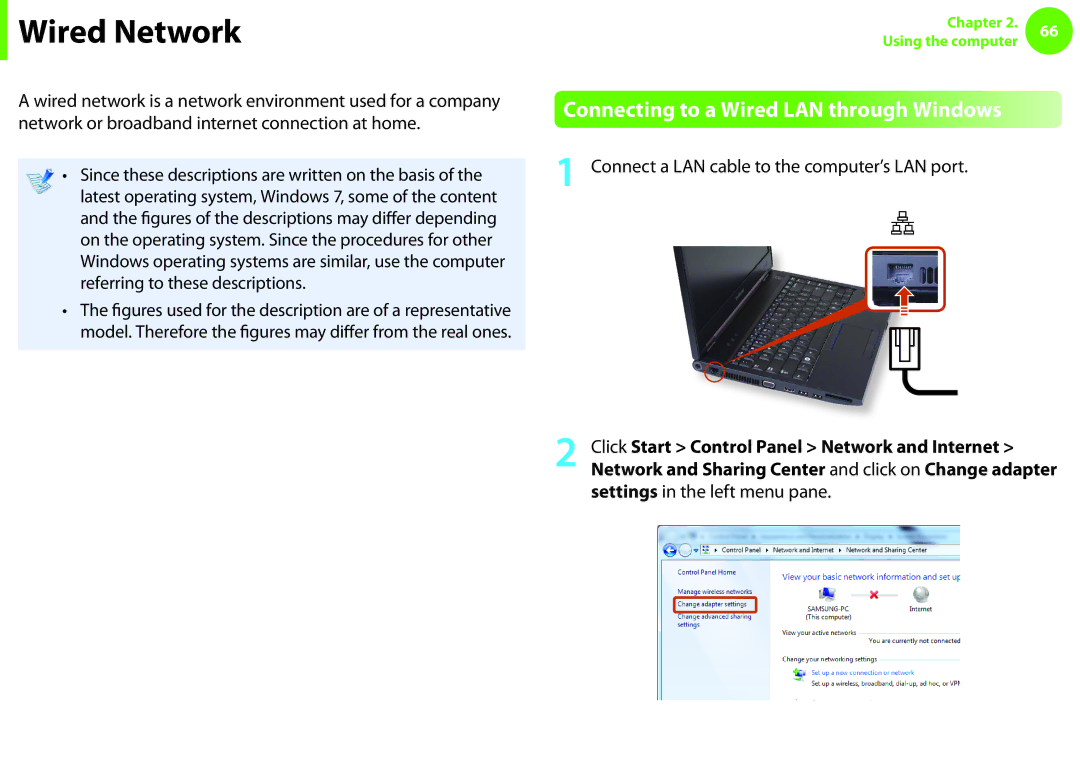 Samsung NP600B4CA01US appendix Wired Network, Connecting to a Wired LAN through Windows, Settings in the left menu pane 