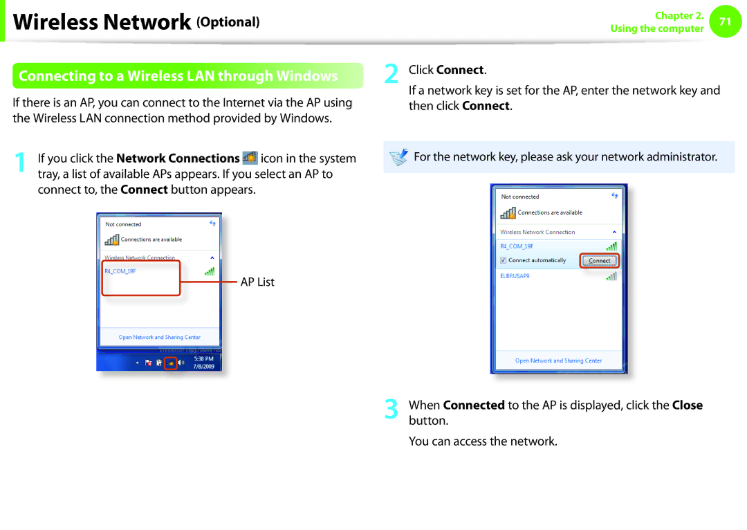 Samsung NP600B4CA01US appendix Connecting to a Wireless LAN through Windows 