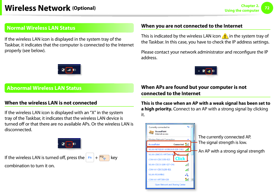 Samsung NP600B4CA01US Normal Wireless LAN Status, Abnormal Wireless LAN Status, When you are not connected to the Internet 