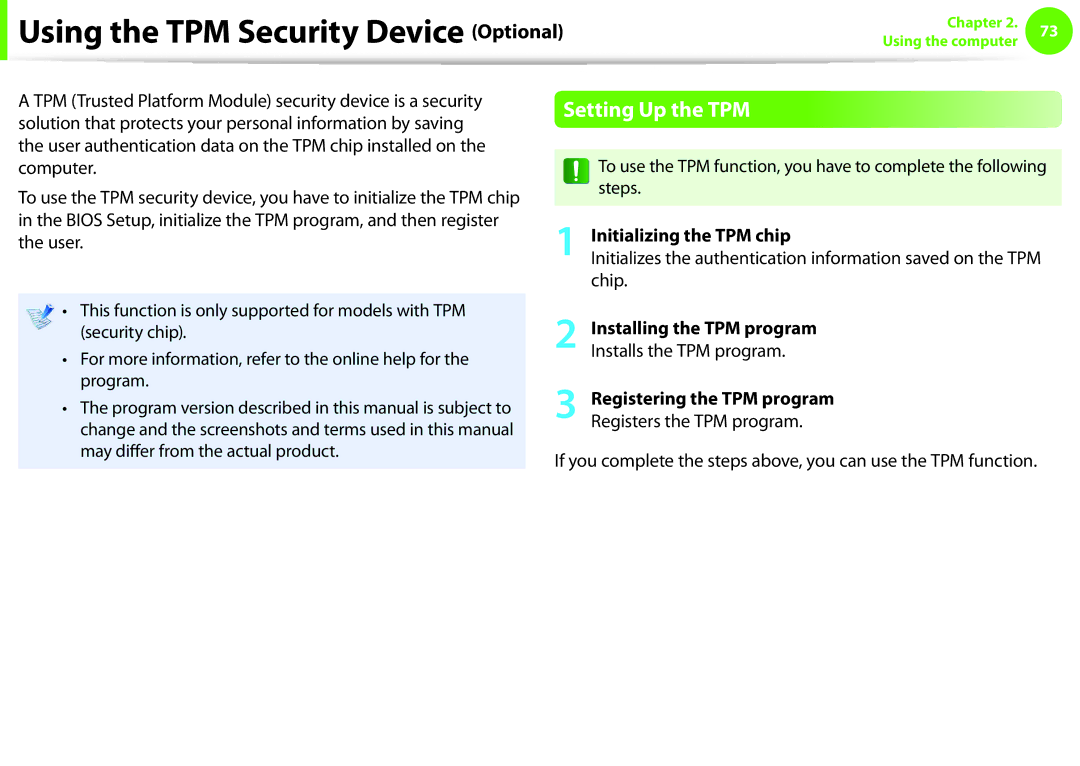 Samsung NP600B4CA01US appendix Using the TPM Security Device Optional, Setting Up the TPM, Initializing the TPM chip 