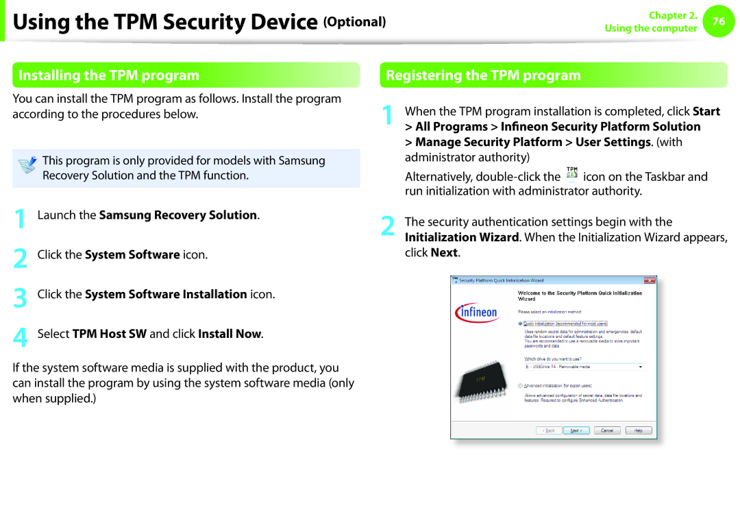 Samsung NP600B4CA01US Installing the TPM program, Registering the TPM program, Security authentication settings begin with 