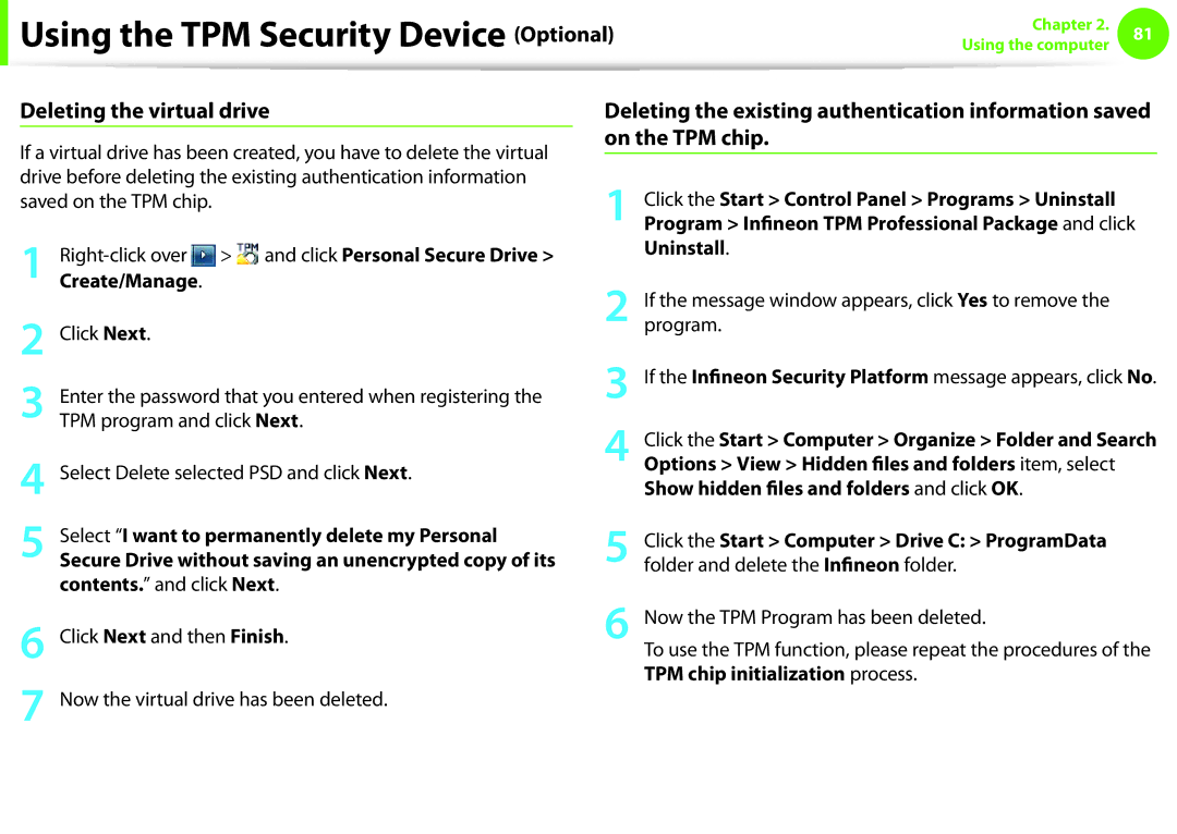 Samsung NP600B4CA01US appendix Deleting the virtual drive 