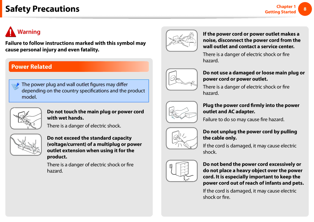 Samsung NP600B4CA01US appendix Power Related, Do not touch the main plug or power cord with wet hands 