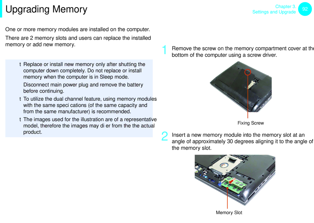 Samsung NP600B4CA01US appendix Upgrading Memory, Adding or Replacing Memory Modules 