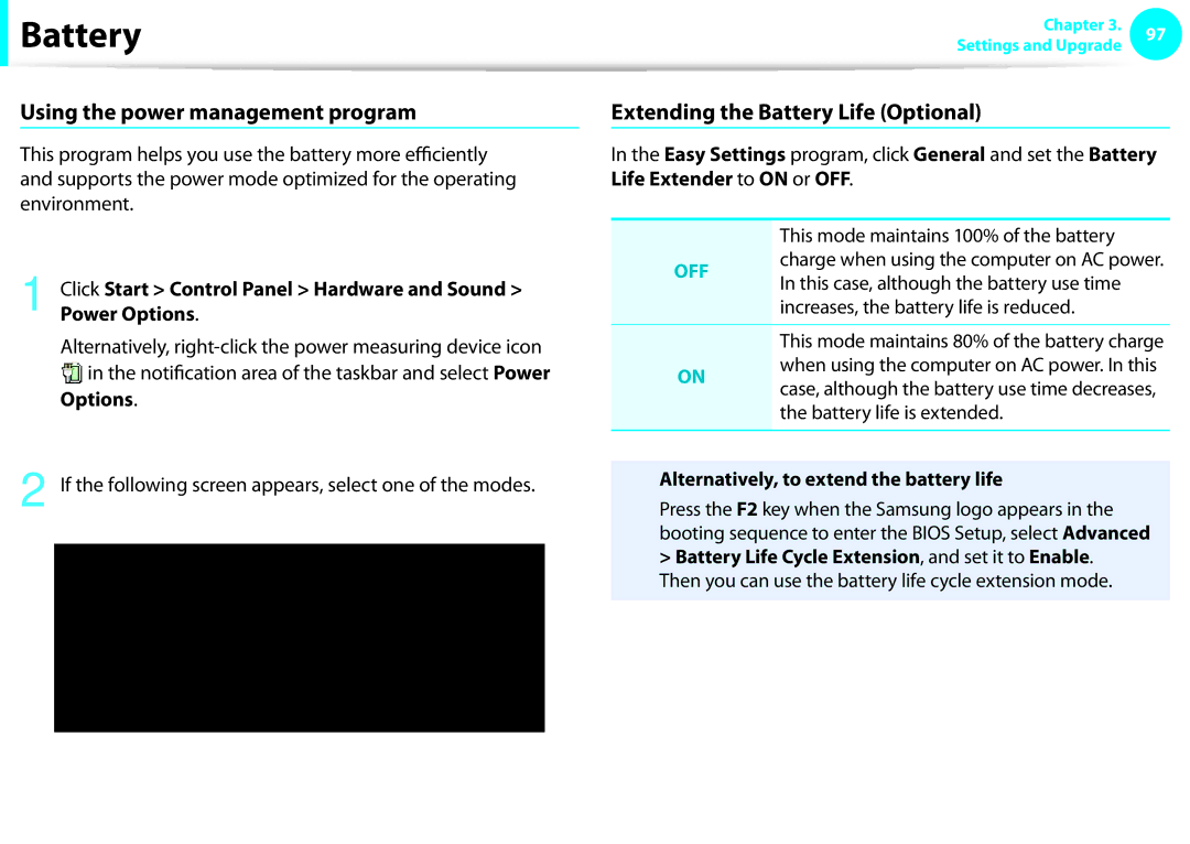 Samsung NP600B4CA01US appendix Using the power management program, Extending the Battery Life Optional 