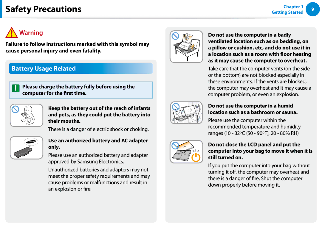 Samsung NP680Z5EX01US manual Battery Usage Related, There is a danger of electric shock or choking 