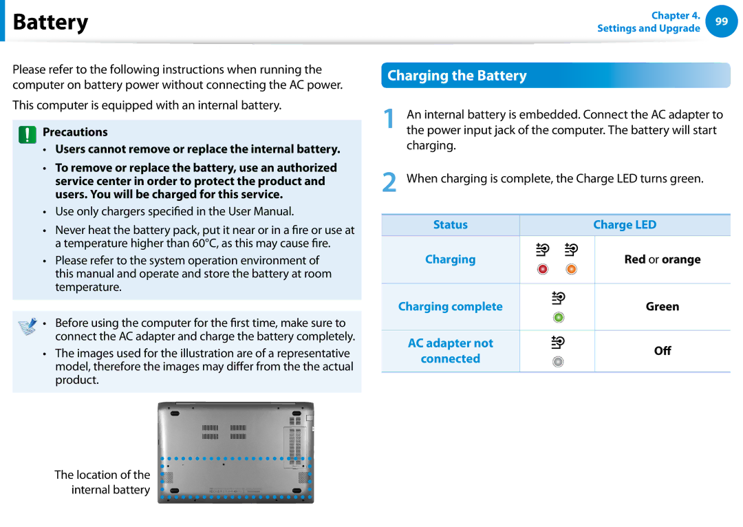 Samsung NP680Z5EX01US manual Charging the Battery, This computer is equipped with an internal battery, Charge LED 