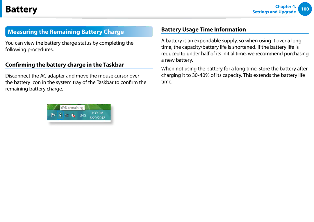 Samsung NP680Z5EX01US manual Measuring the Remaining Battery Charge, Confirming the battery charge in the Taskbar 